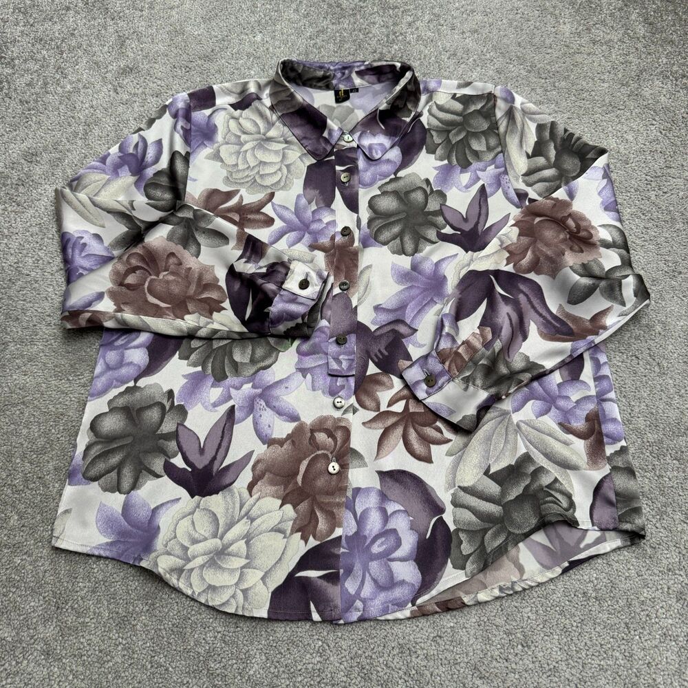 Diffusion By Mimo Moda Button Down Blouse Women Large Purple Floral Satin Japan